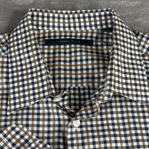 Perry Ellis Shirt Mens Medium Blue Brown‎ Check Long Sleeve 100% Cotton - Picture 3 of 12